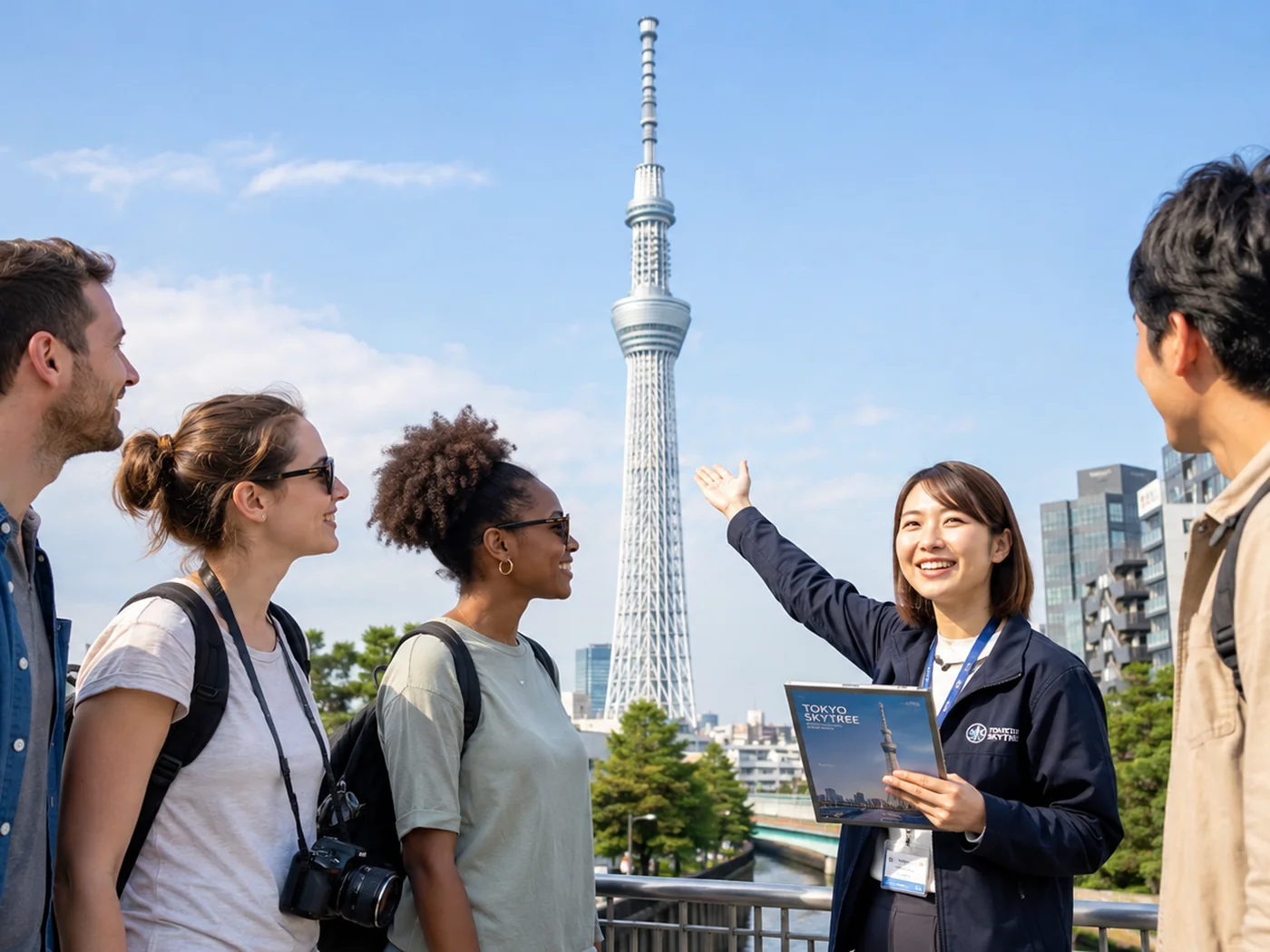 ガイドが旅行者に地図を見せながら説明している