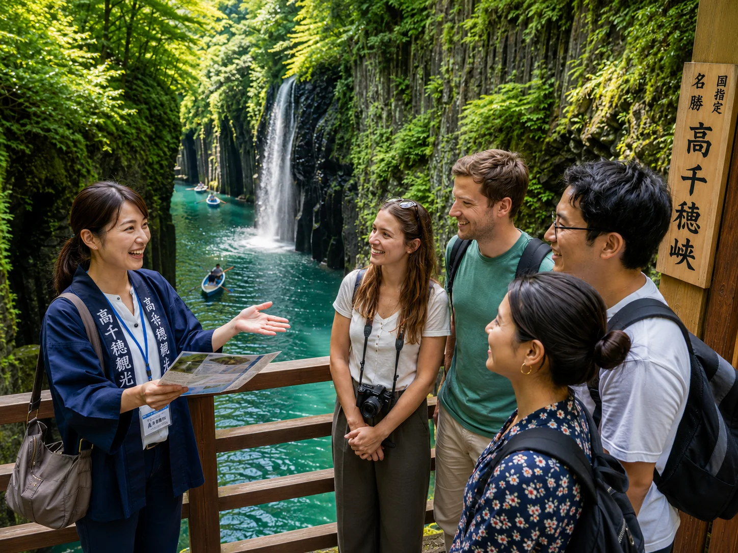ガイドが旅行者に地図を見せながら説明している