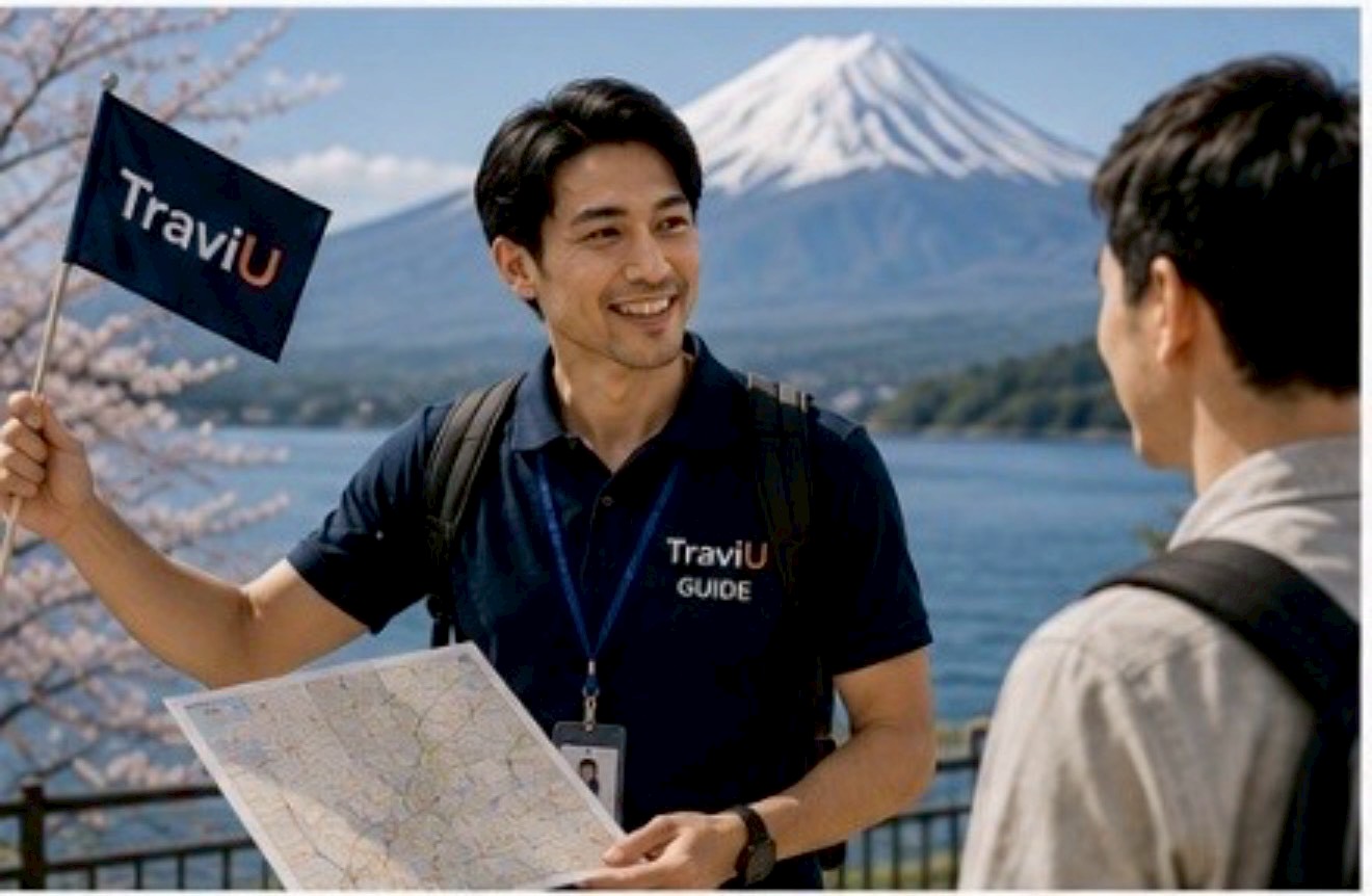 ガイドが旅行者に地図を見せながら説明している