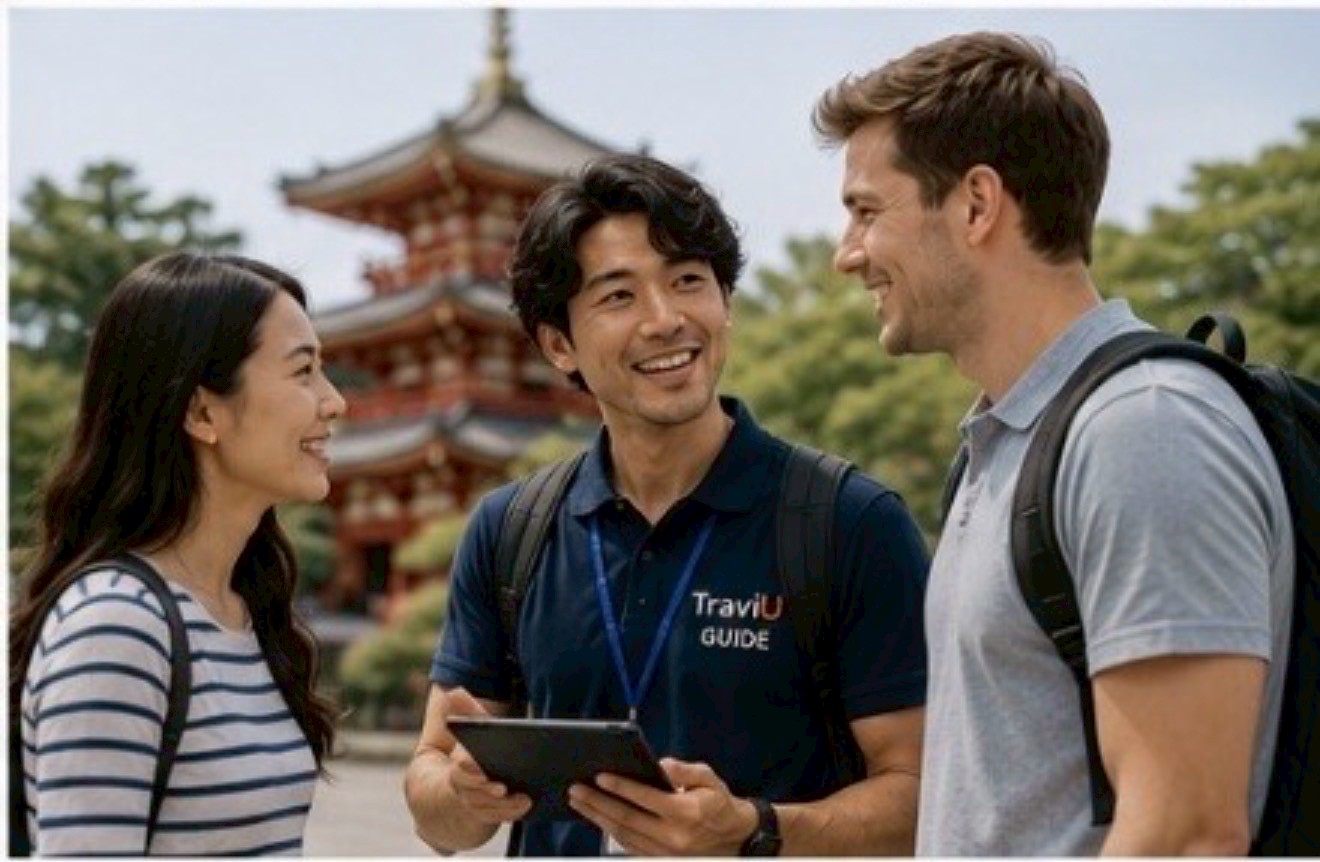 ガイドが旅行者に地図を見せながら説明している
